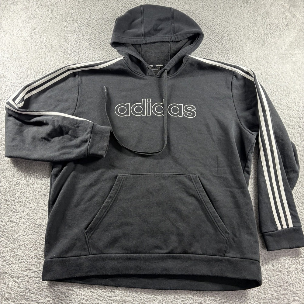 Adidas Hoodie Mens XL Black Three Stripe Classic Essential Pull Over Sweater